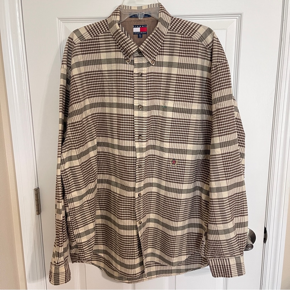 Tommy Hilfiger Brown/ Cream Plaid Button Down shirt Men’s size XXL